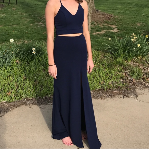 strapless open back dress Two Piece Lace-up Back Long Blue Prom Dress with Pockets – FancyVestido